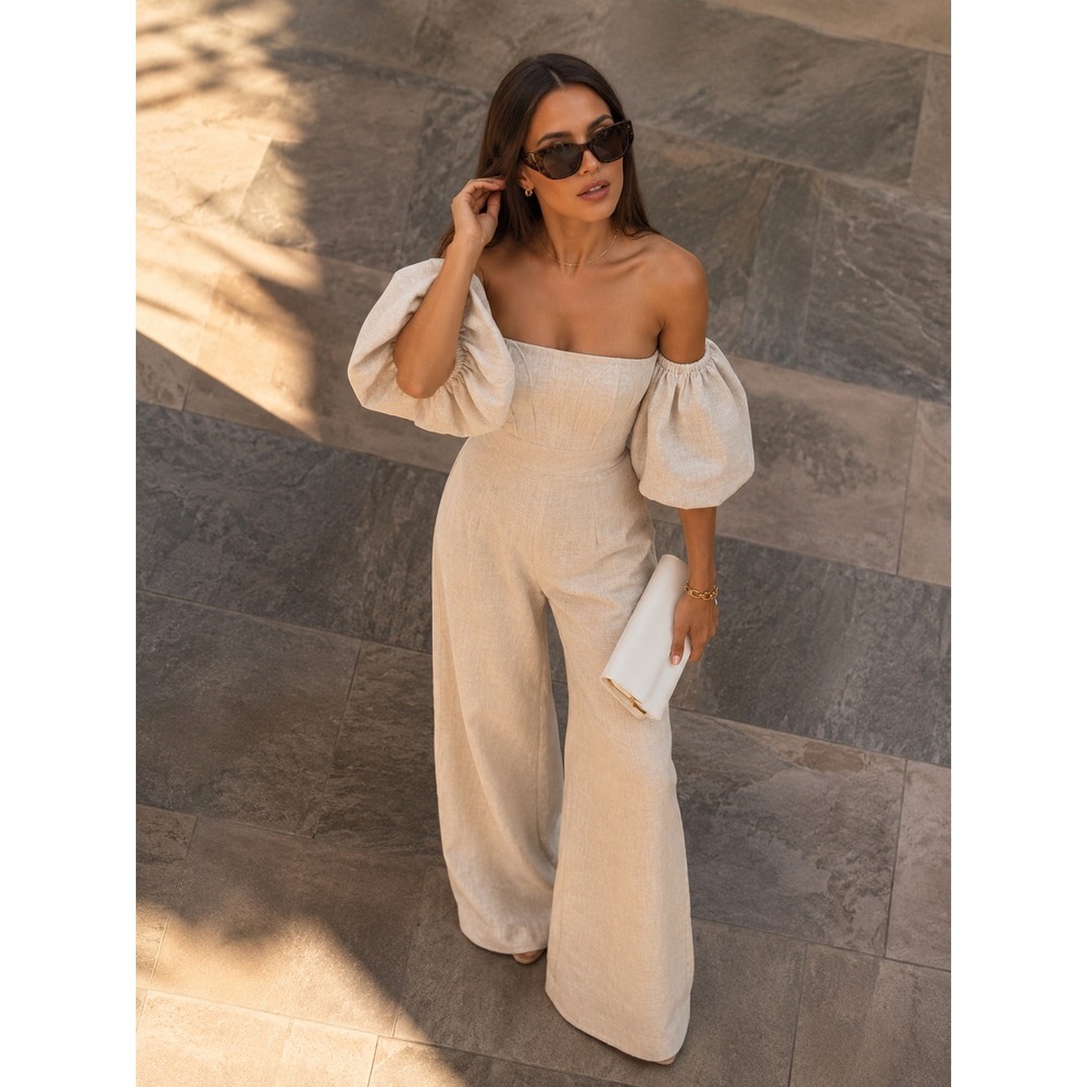 Commense Linen Blend Off Shoulder Wide Leg Jumpsuit Puff Sleeve Size S